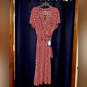 Avenue maxi wrap dress, 26-28W, navy/red/white geometric pattern, NWT